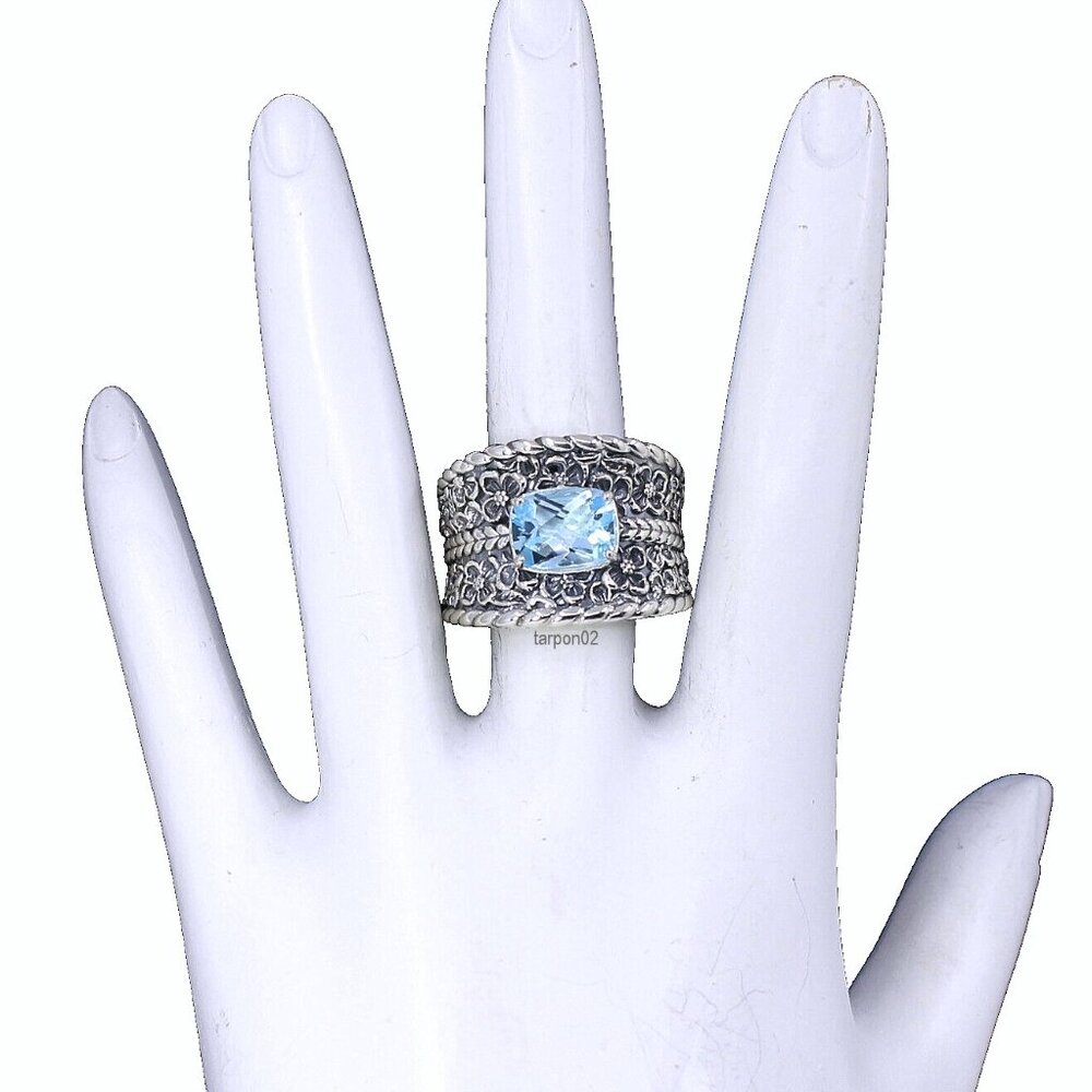 John Hardy JAI Blue Topaz+Floral Textured Saddle Band Sterling Silver Ring-7 NIB - Picture 2 of 15
